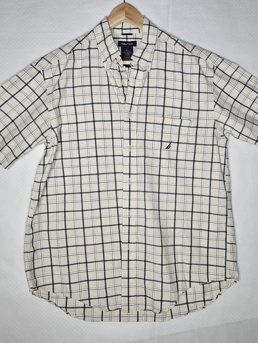 Nautica Men's Button Down Short Sleeve Shirt Window Pane Grid Pattern Size L